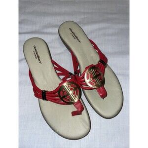 Cloudwalkers Thong Sandals Womens Size 8.5 Medium Red Leather Slip On Wedge Heel